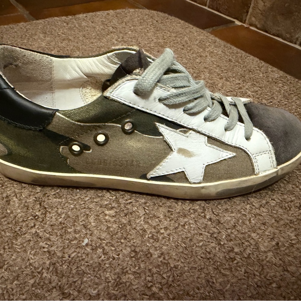 Golden Goose Camouflage and White Athletic Shoes